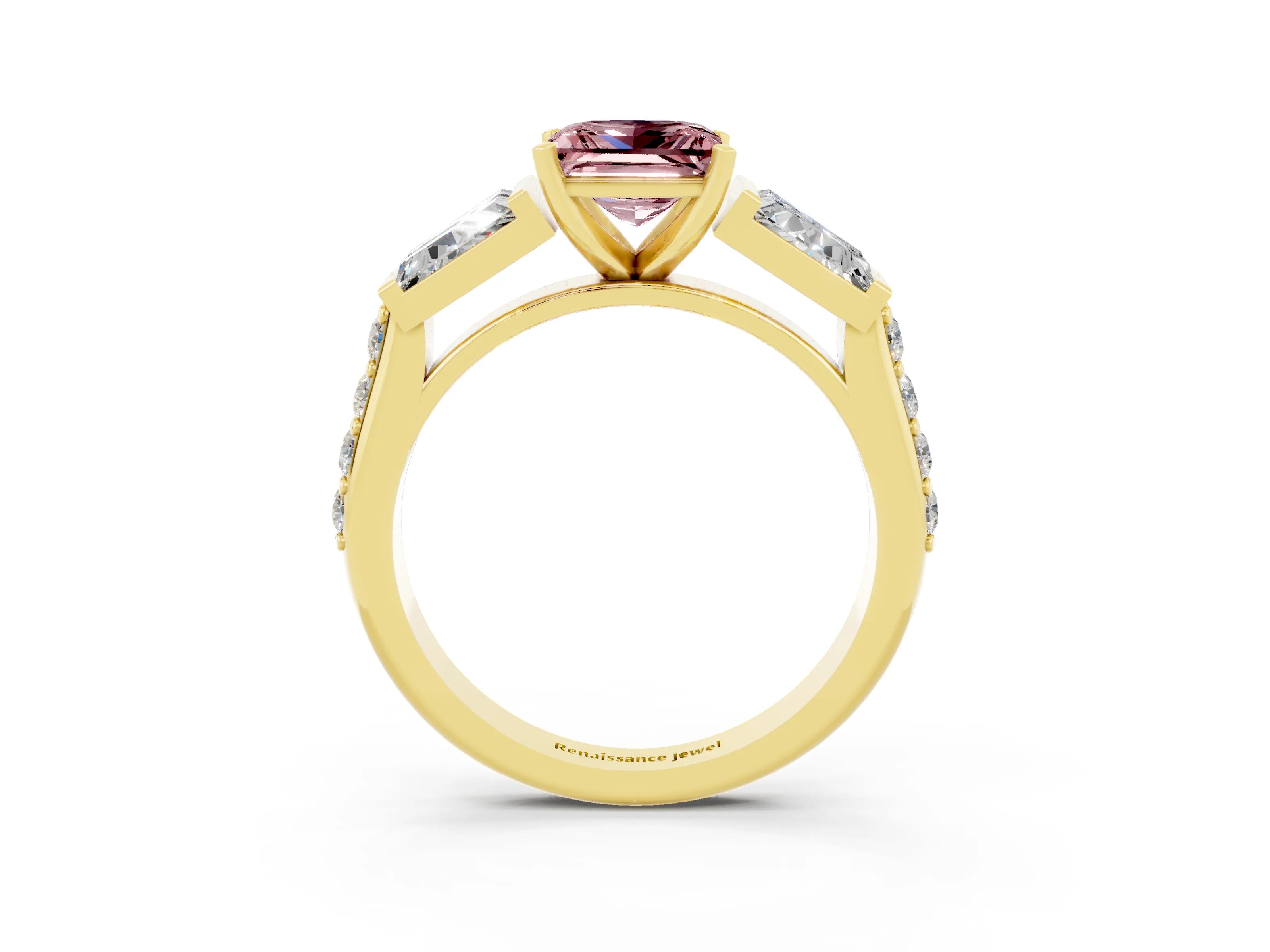 Yellow gold Princess Cut Morganite Engagement Ring with Baguette Side Stones and Channel Set Band_3