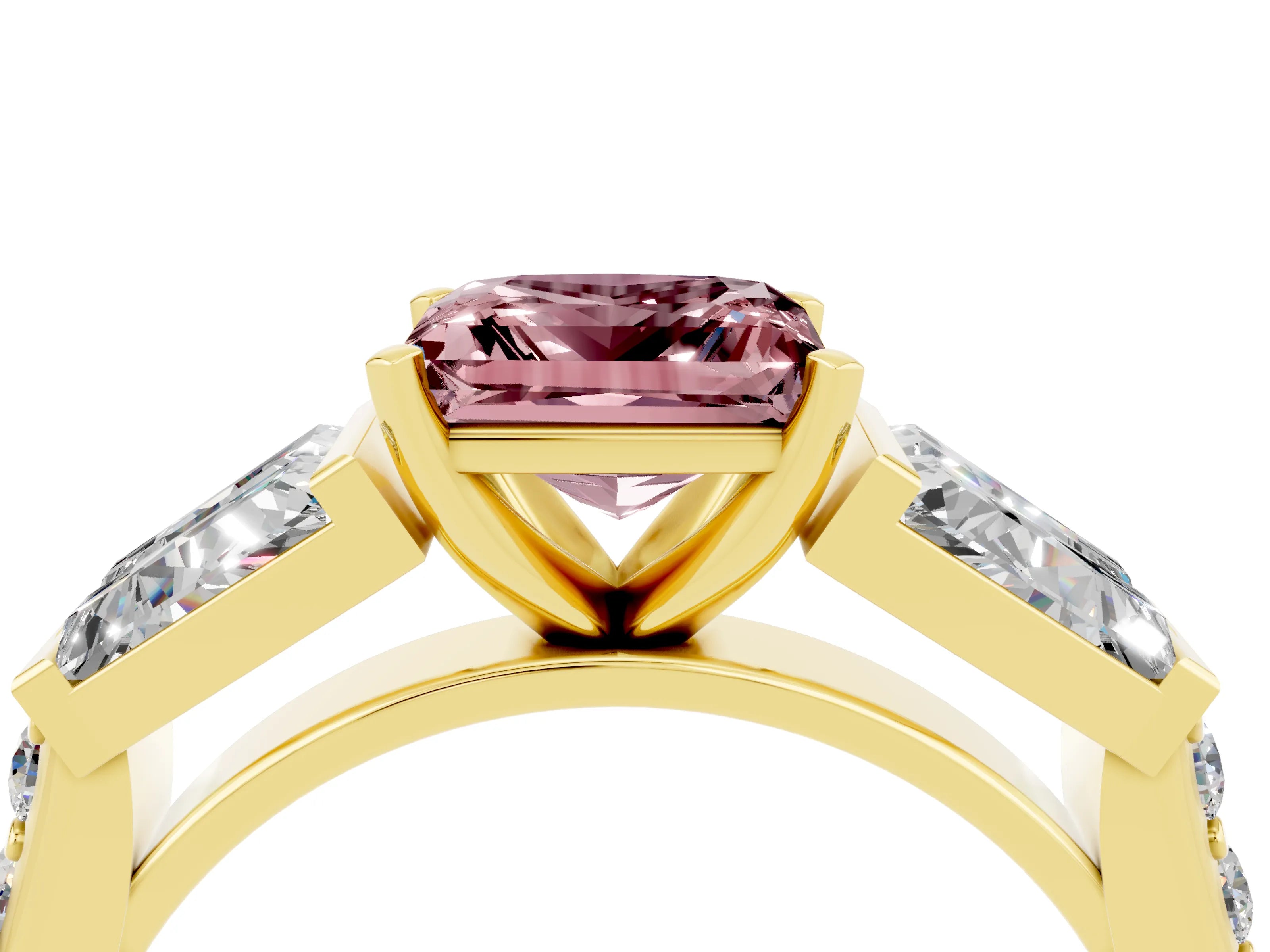 Yellow gold Princess Cut Morganite Engagement Ring with Baguette Side Stones and Channel Set Band_4