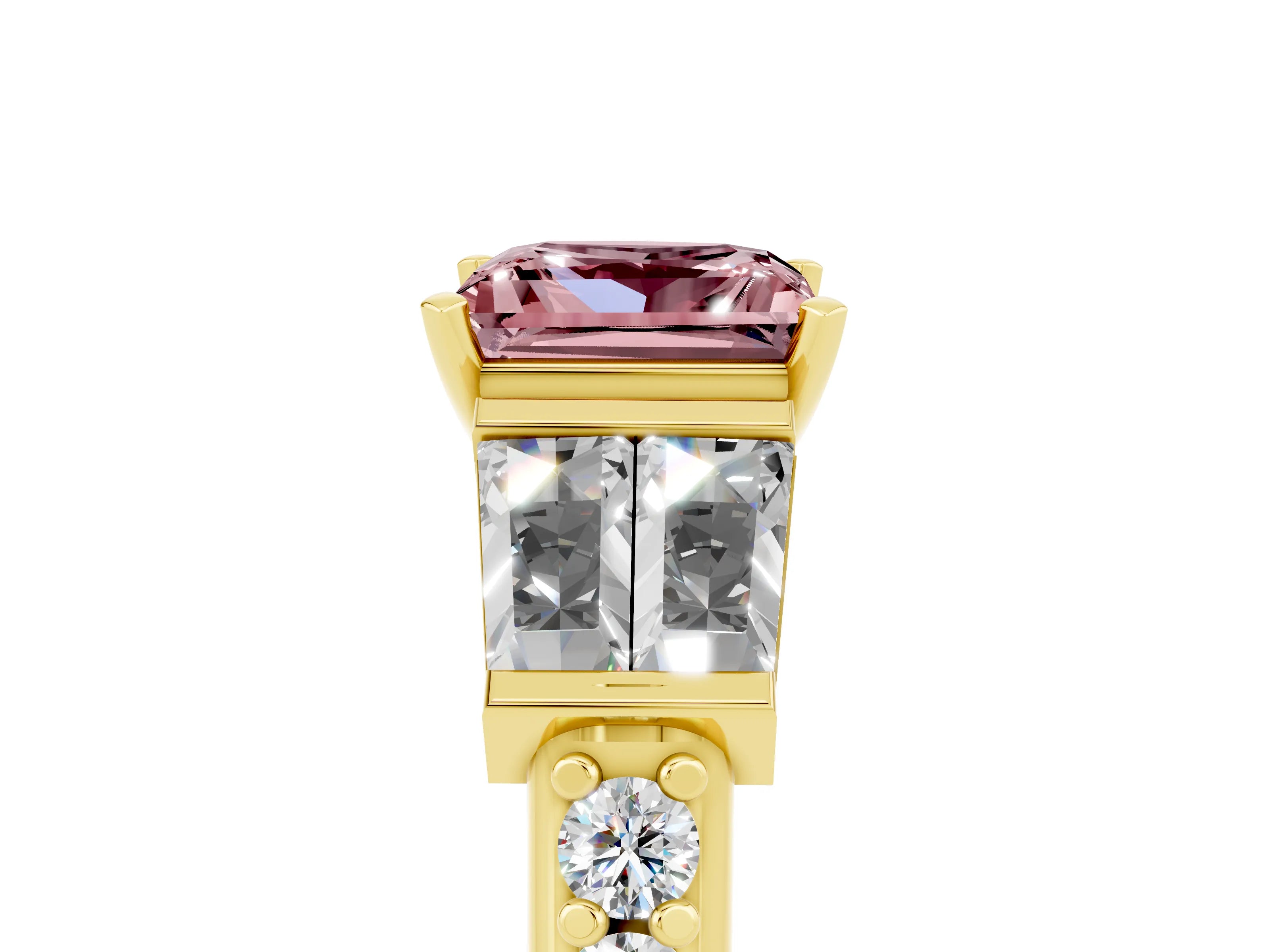 Yellow gold Princess Cut Morganite Engagement Ring with Baguette Side Stones and Channel Set Band_5