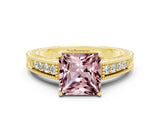Yellow gold Princess Cut Morganite Engagement Ring with Milgrain Channel Set Band and Prong Setting