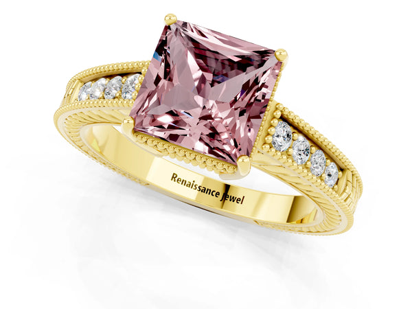 Yellow gold Princess Cut Morganite Engagement Ring with Milgrain Channel Set Band and Prong Setting