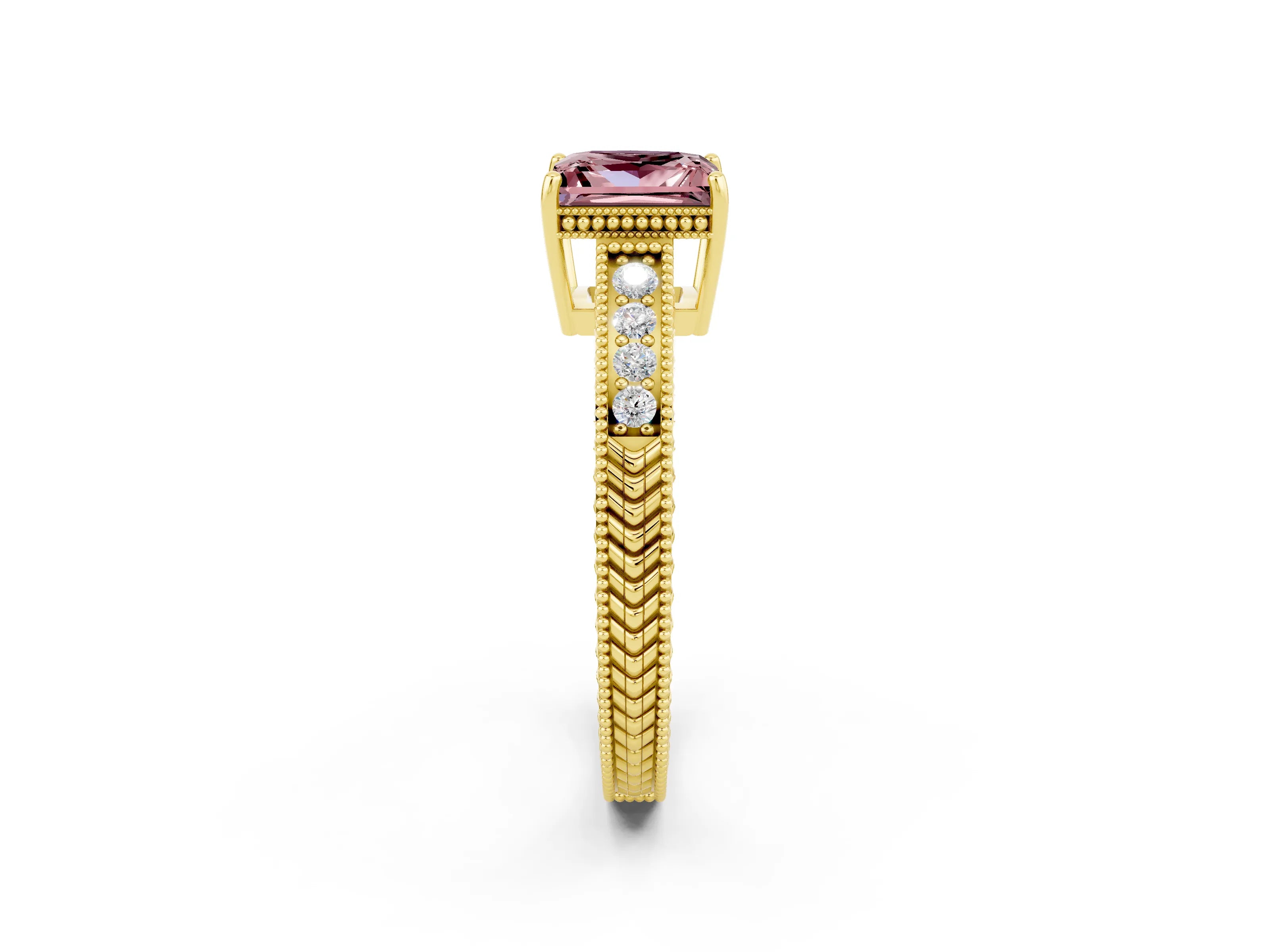 Yellow gold Princess Cut Morganite Engagement Ring with Milgrain Channel Set Band and Prong Setting_2