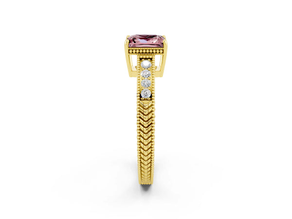 Yellow gold Princess Cut Morganite Engagement Ring with Milgrain Channel Set Band and Prong Setting