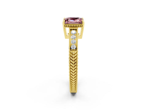 Yellow gold Princess Cut Morganite Engagement Ring with Milgrain Channel Set Band and Prong Setting_2