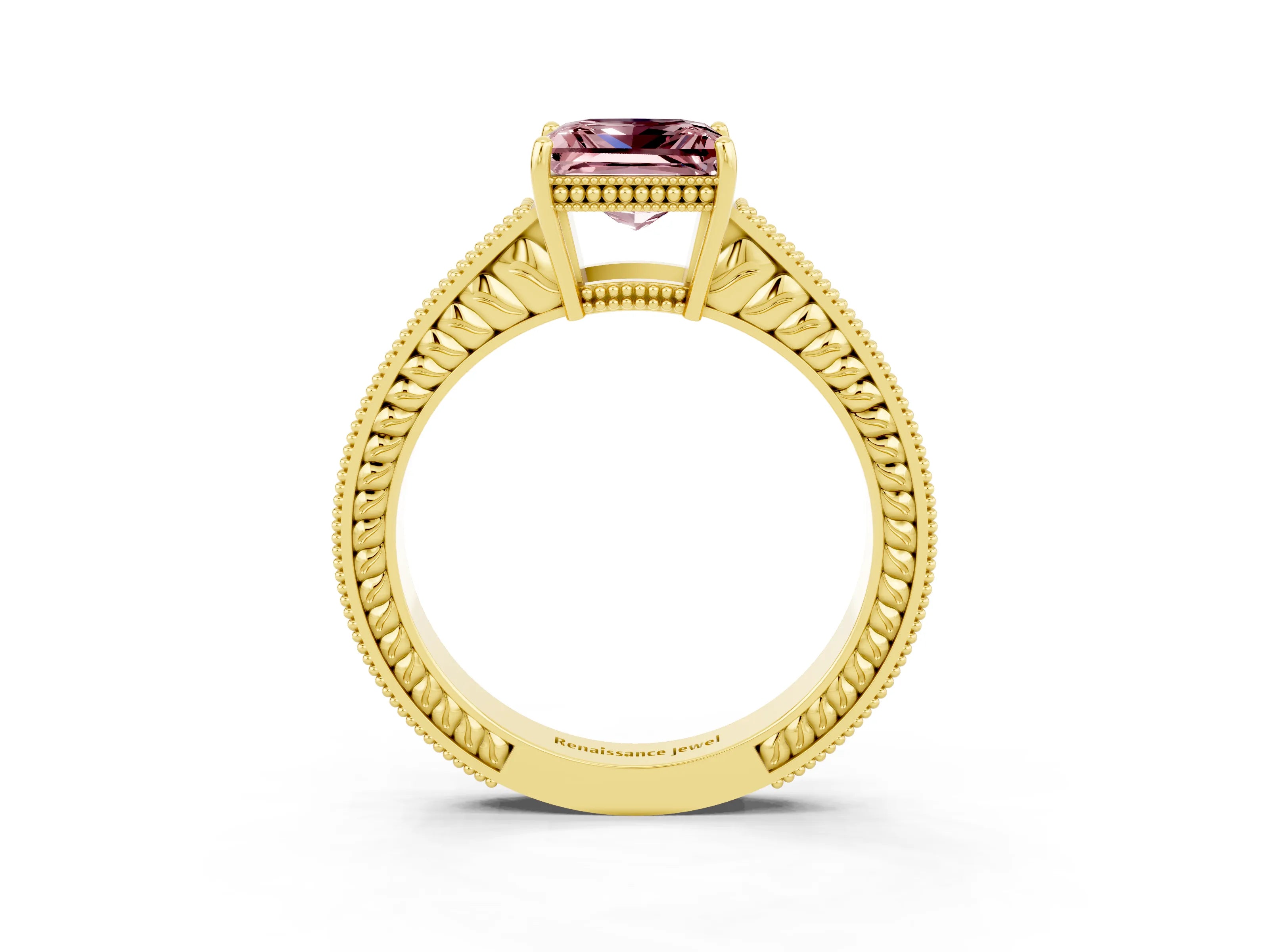 Yellow gold Princess Cut Morganite Engagement Ring with Milgrain Channel Set Band and Prong Setting_3