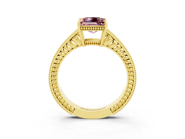 Yellow gold Princess Cut Morganite Engagement Ring with Milgrain Channel Set Band and Prong Setting