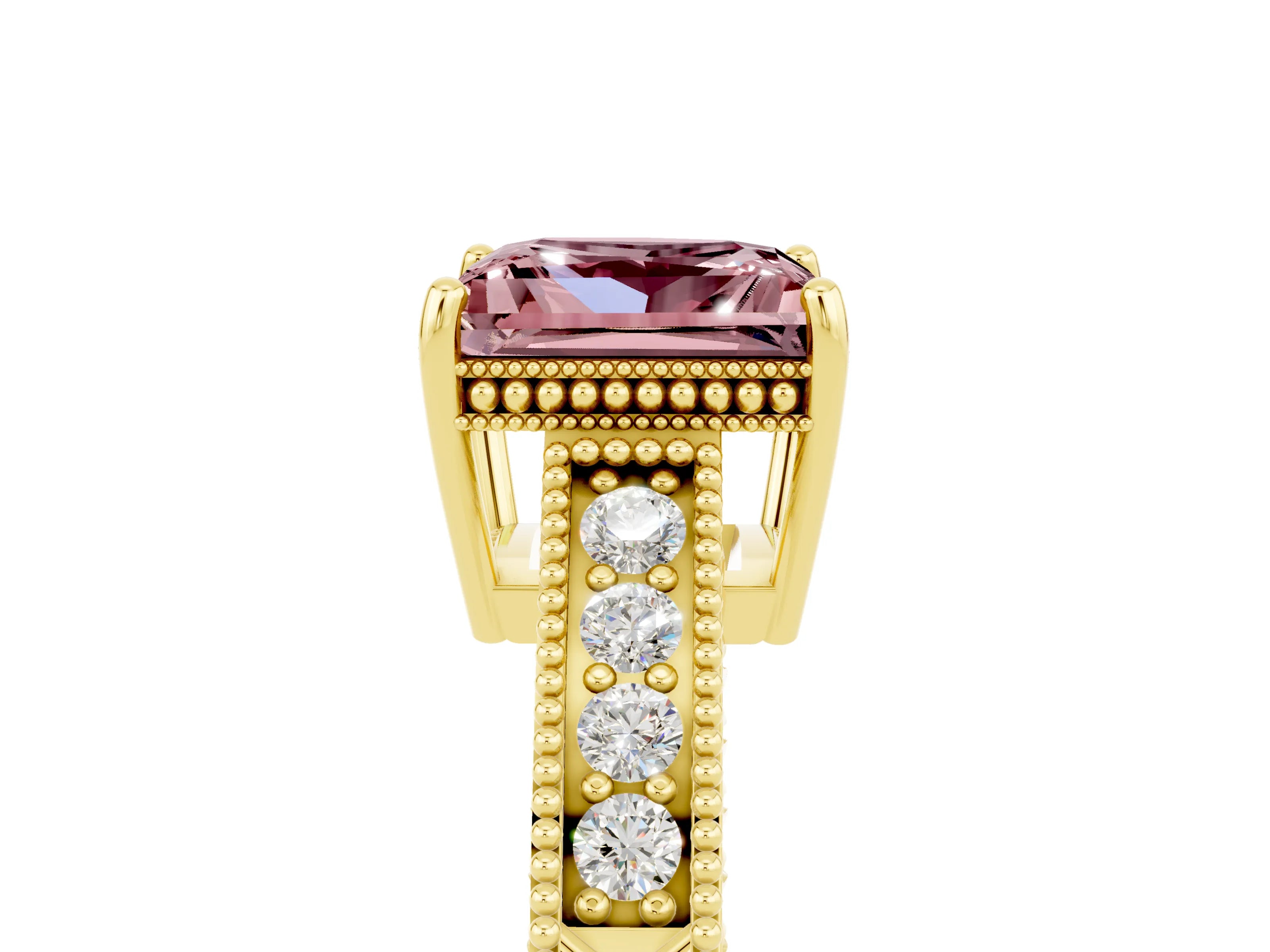 Yellow gold Princess Cut Morganite Engagement Ring with Milgrain Channel Set Band and Prong Setting_5