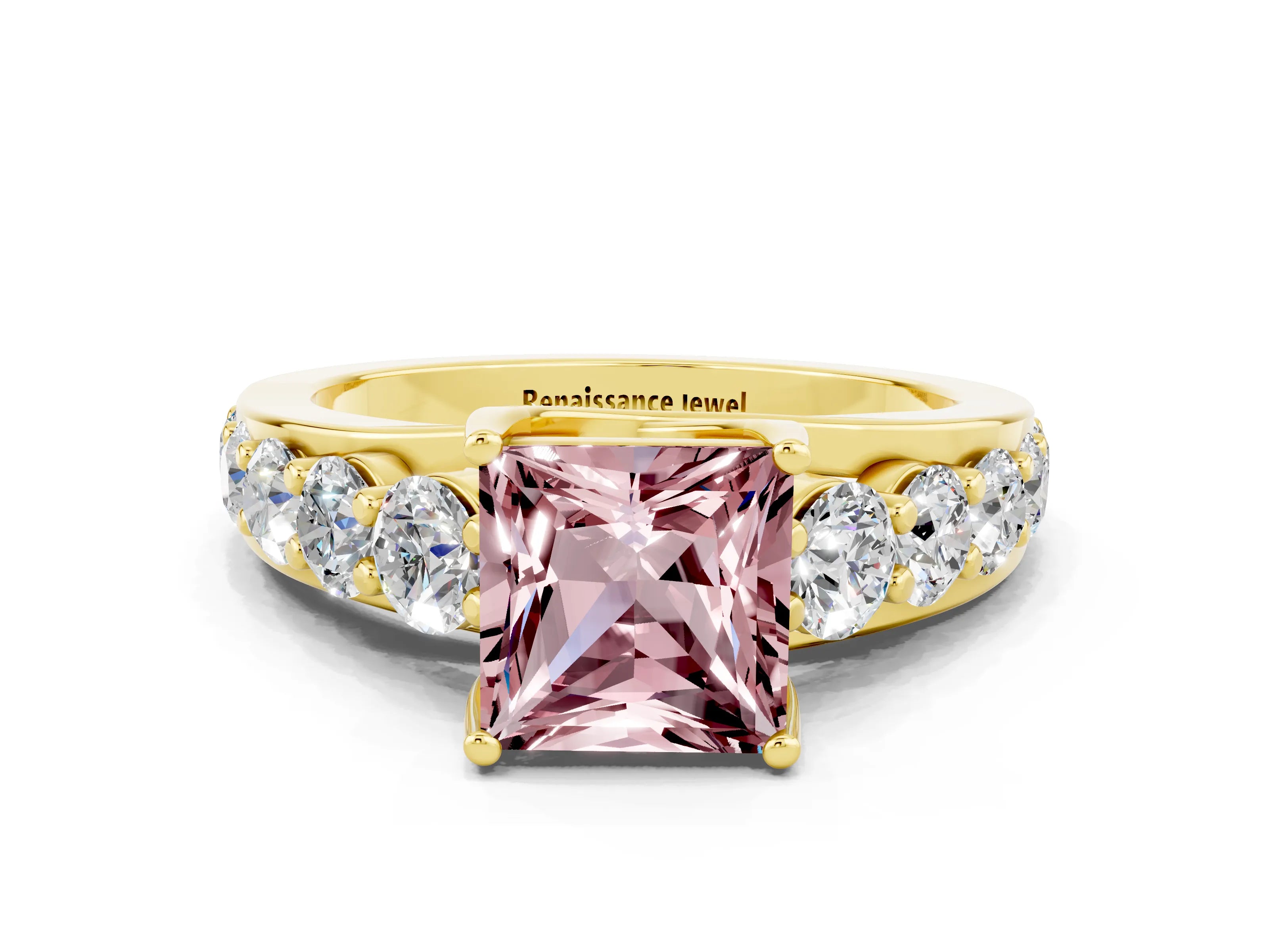 Yellow gold Princess Cut Morganite Engagement Ring with Pavé Band and Four-Prong Setting