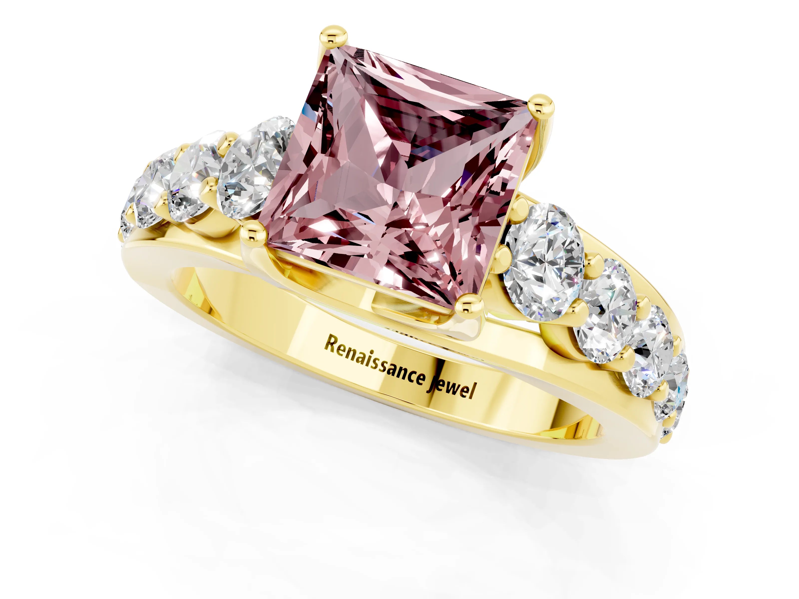Yellow gold Princess Cut Morganite Engagement Ring with Pavé Band and Four-Prong Setting_1