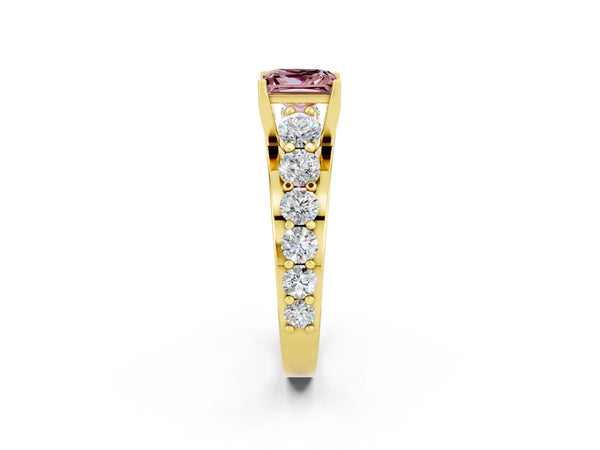 Yellow gold Princess Cut Morganite Engagement Ring with Pavé Band and Four-Prong Setting