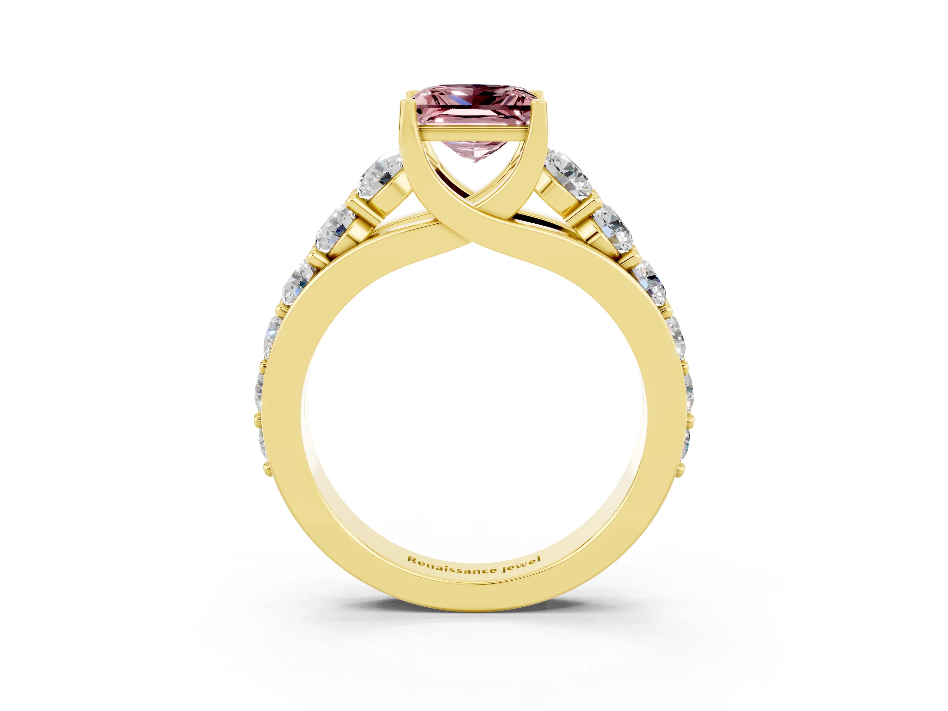 Yellow gold Princess Cut Morganite Engagement Ring with Pavé Band and Four-Prong Setting_3