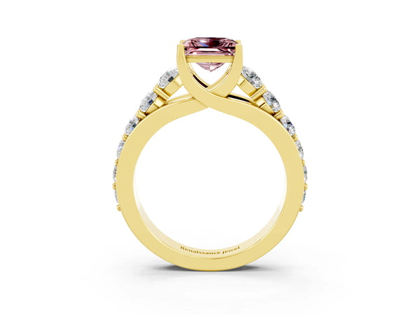 Yellow gold Princess Cut Morganite Engagement Ring with Pavé Band and Four-Prong Setting