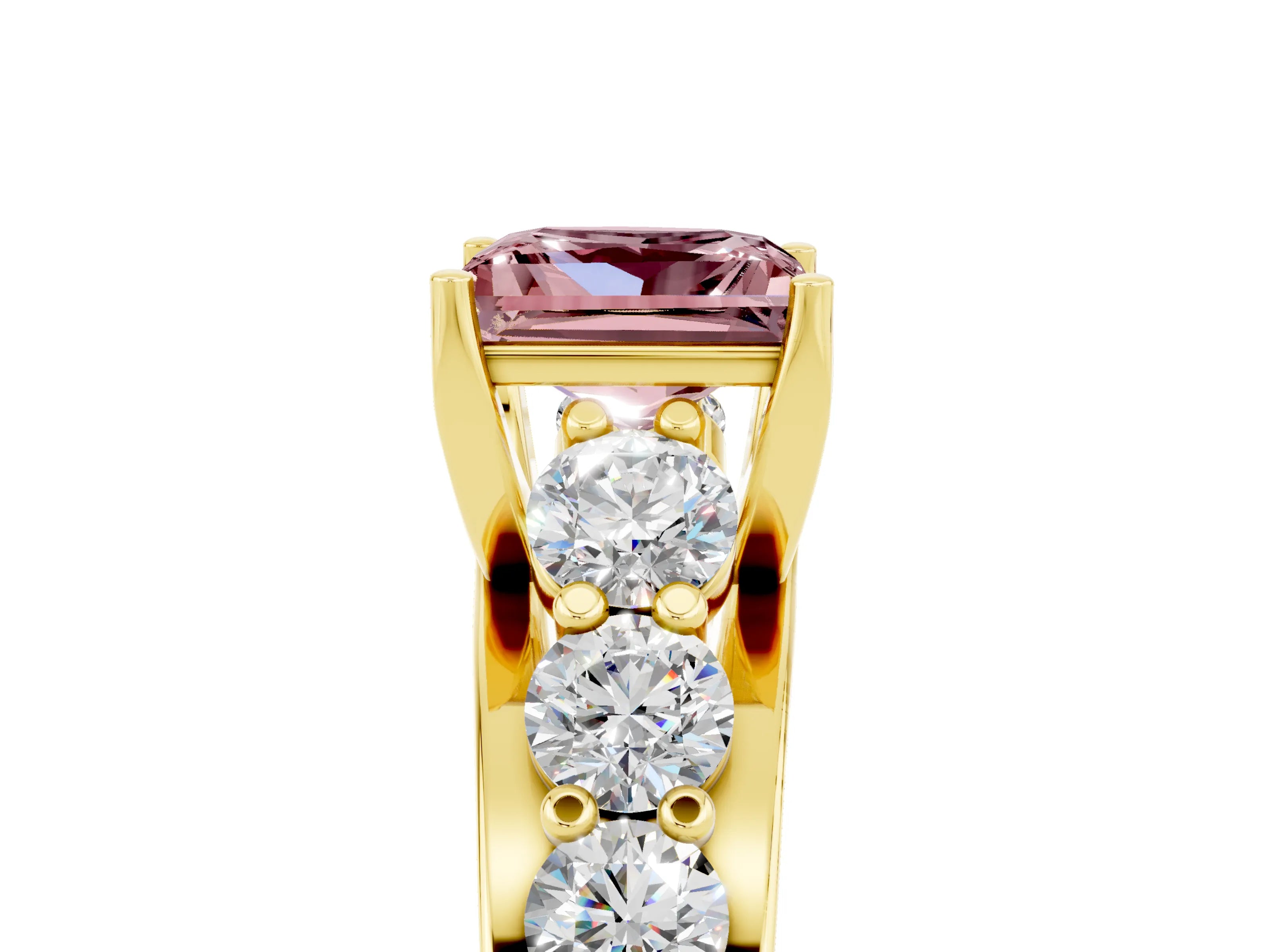 Yellow gold Princess Cut Morganite Engagement Ring with Pavé Band and Four-Prong Setting_5