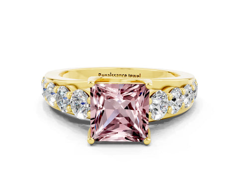 Yellow gold Princess Cut Morganite Engagement Ring with Pavé Band and Four-Prong Setting