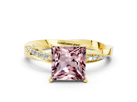Yellow gold Princess Cut Morganite Engagement Ring with Side Stone Accents and Four-Prong Setting_27
