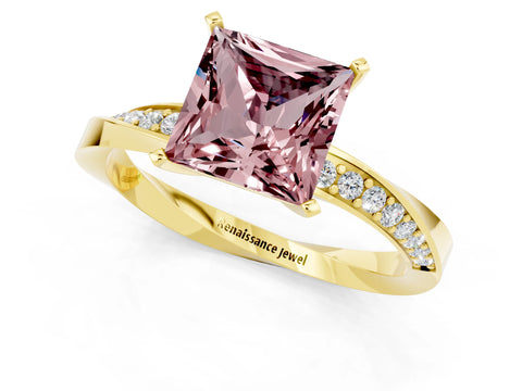 Yellow gold Princess Cut Morganite Engagement Ring with Side Stone Accents and Four-Prong Setting_28
