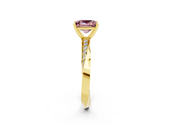 Yellow gold Princess Cut Morganite Engagement Ring with Side Stone Accents and Four-Prong Setting