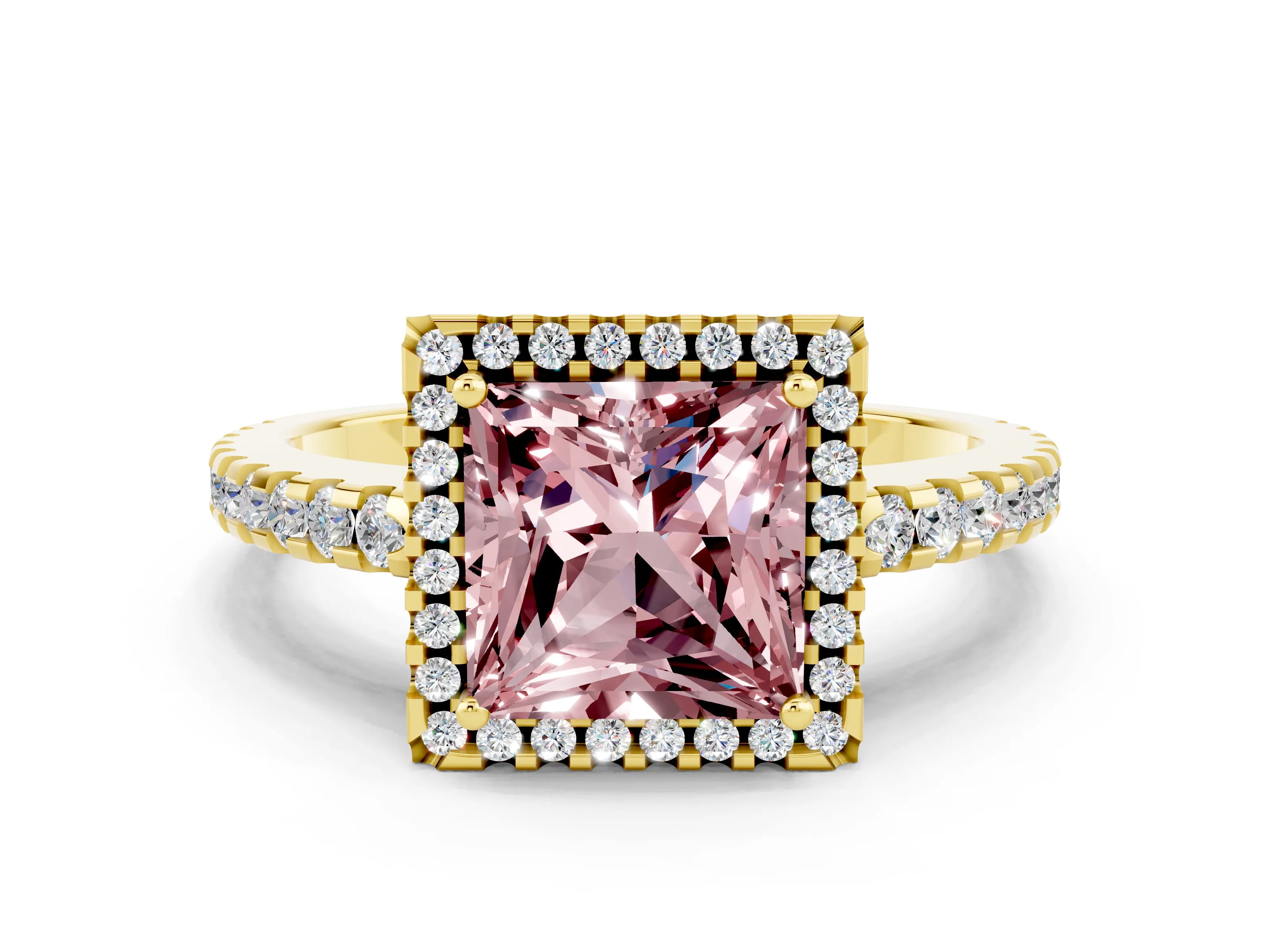 Yellow gold Princess Cut Morganite Halo Engagement Ring with Pavé Band and Prong Setting_12