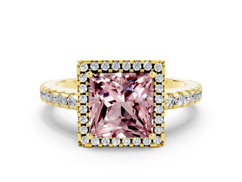 Yellow gold Princess Cut Morganite Halo Engagement Ring with Pavé Band and Prong Setting_12