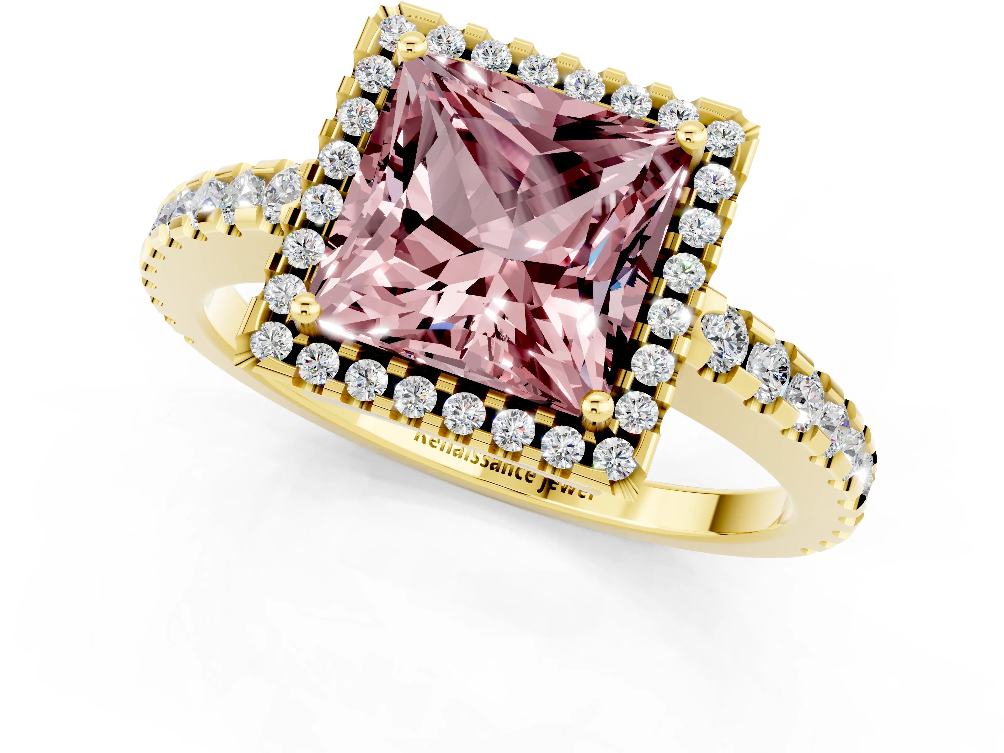 Yellow gold Princess Cut Morganite Halo Engagement Ring with Pavé Band and Prong Setting_13