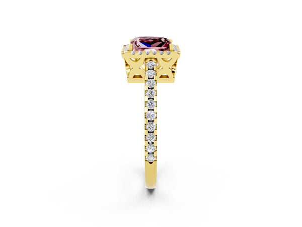 Yellow gold Princess Cut Morganite Halo Engagement Ring with Pavé Band and Prong Setting