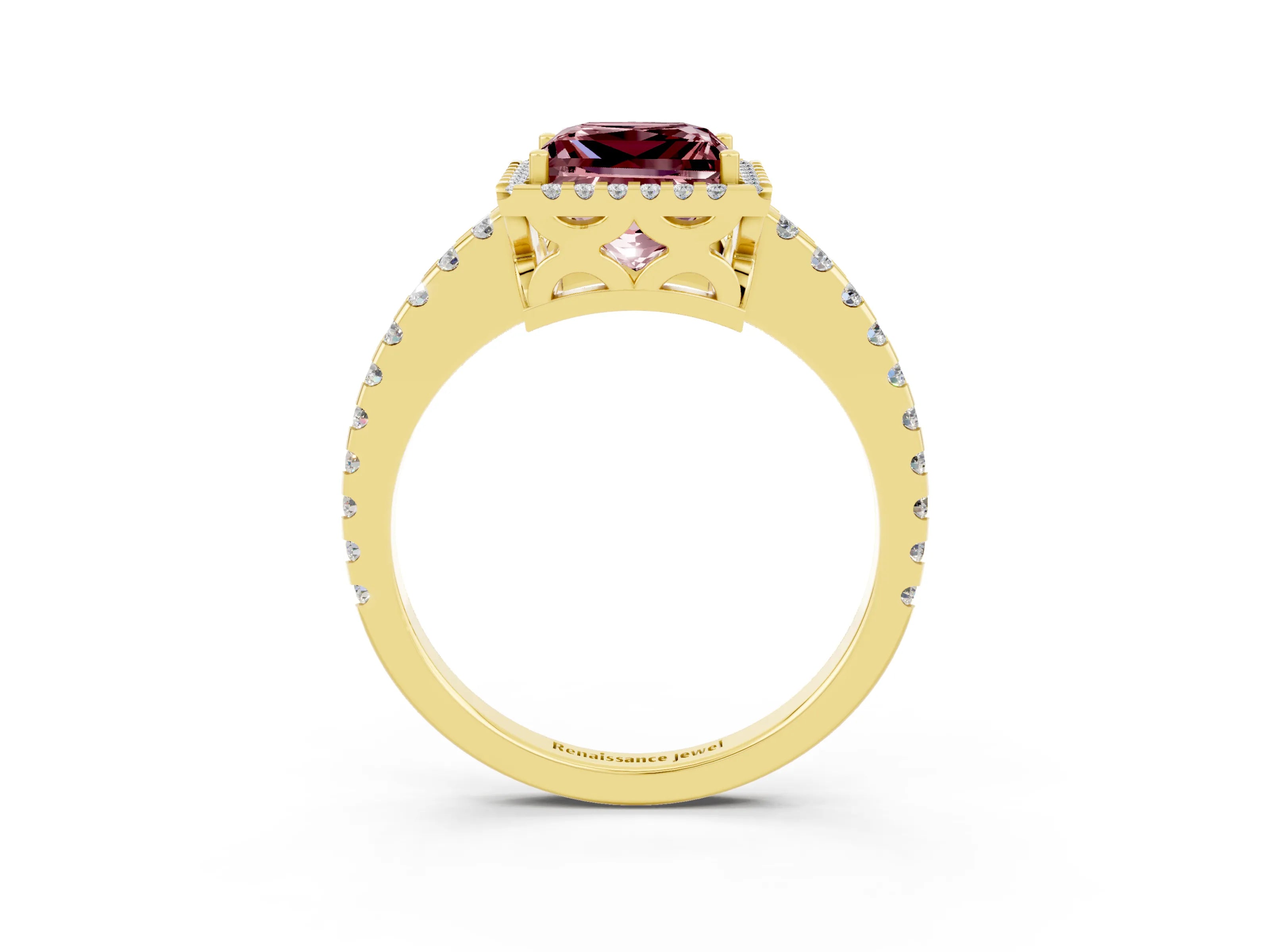 Yellow gold Princess Cut Morganite Halo Engagement Ring with Pavé Band and Prong Setting_15