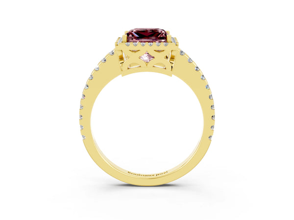 Yellow gold Princess Cut Morganite Halo Engagement Ring with Pavé Band and Prong Setting