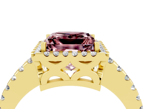 Yellow gold Princess Cut Morganite Halo Engagement Ring with Pavé Band and Prong Setting_16