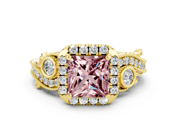 Yellow gold Princess Cut Morganite Halo Ring with Milgrain Pavé Band and Four-Prong Setting
