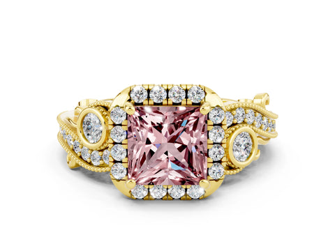 Yellow gold Princess Cut Morganite Halo Ring with Milgrain Pavé Band and Four-Prong Setting_12