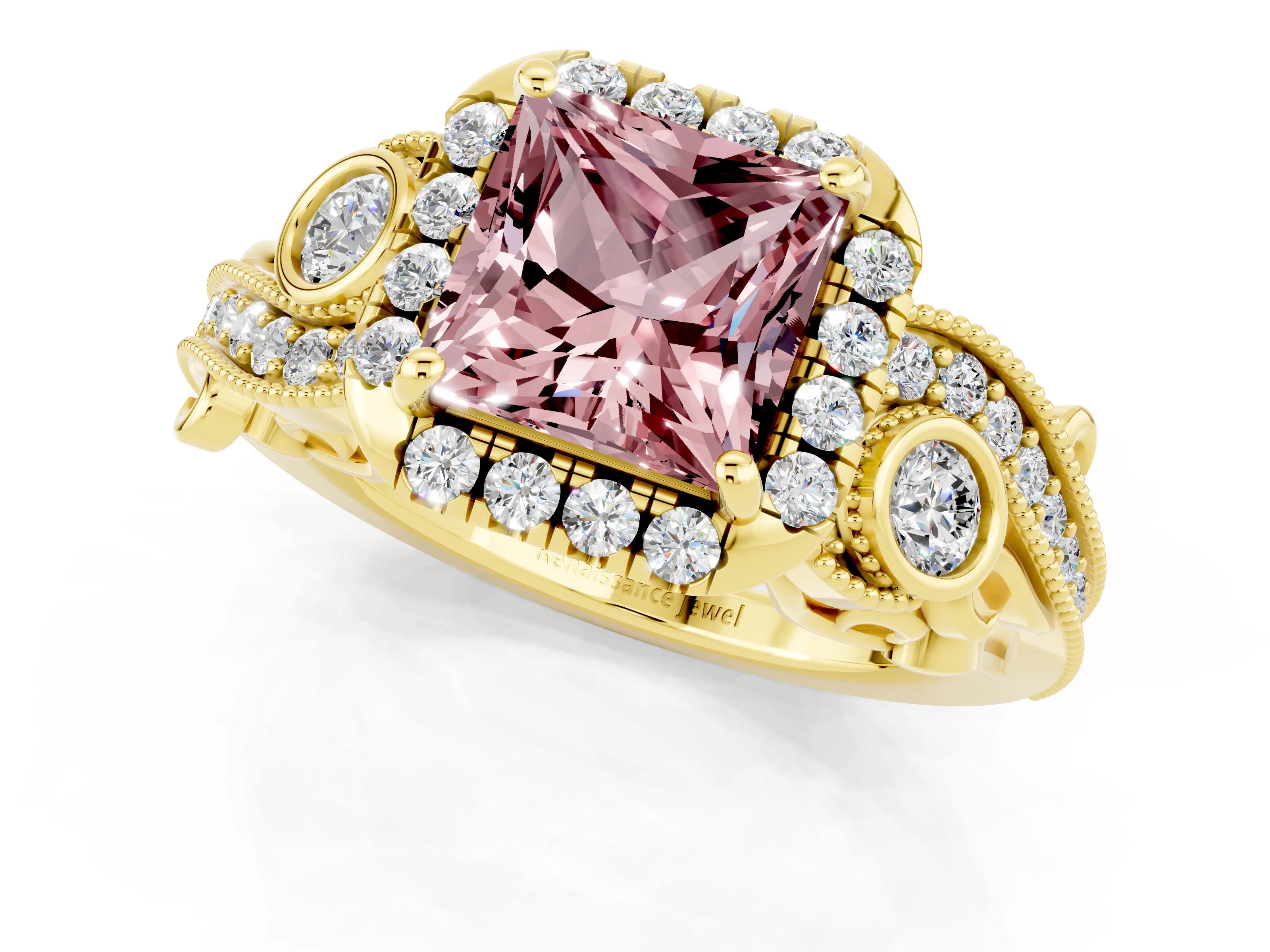 Yellow gold Princess Cut Morganite Halo Ring with Milgrain Pavé Band and Four-Prong Setting_13