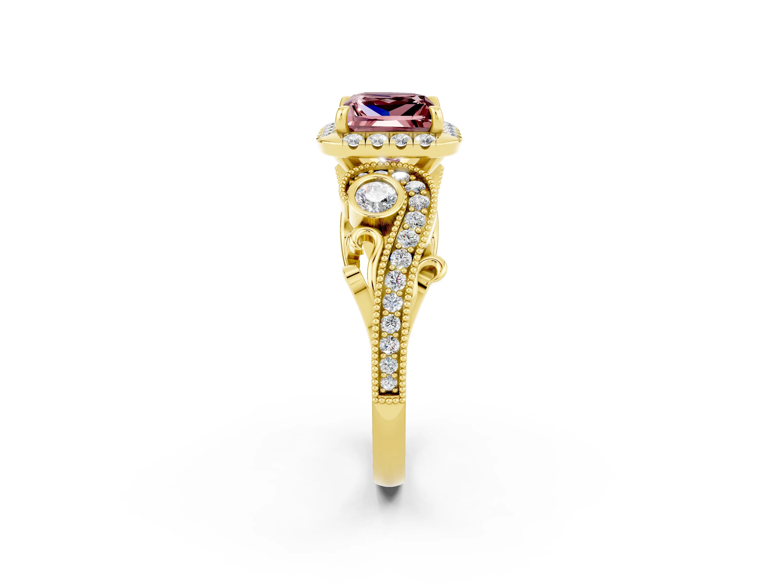 Yellow gold Princess Cut Morganite Halo Ring with Milgrain Pavé Band and Four-Prong Setting_14