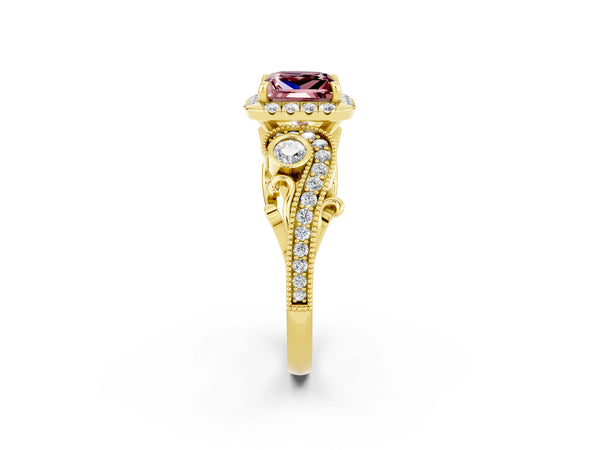 Yellow gold Princess Cut Morganite Halo Ring with Milgrain Pavé Band and Four-Prong Setting