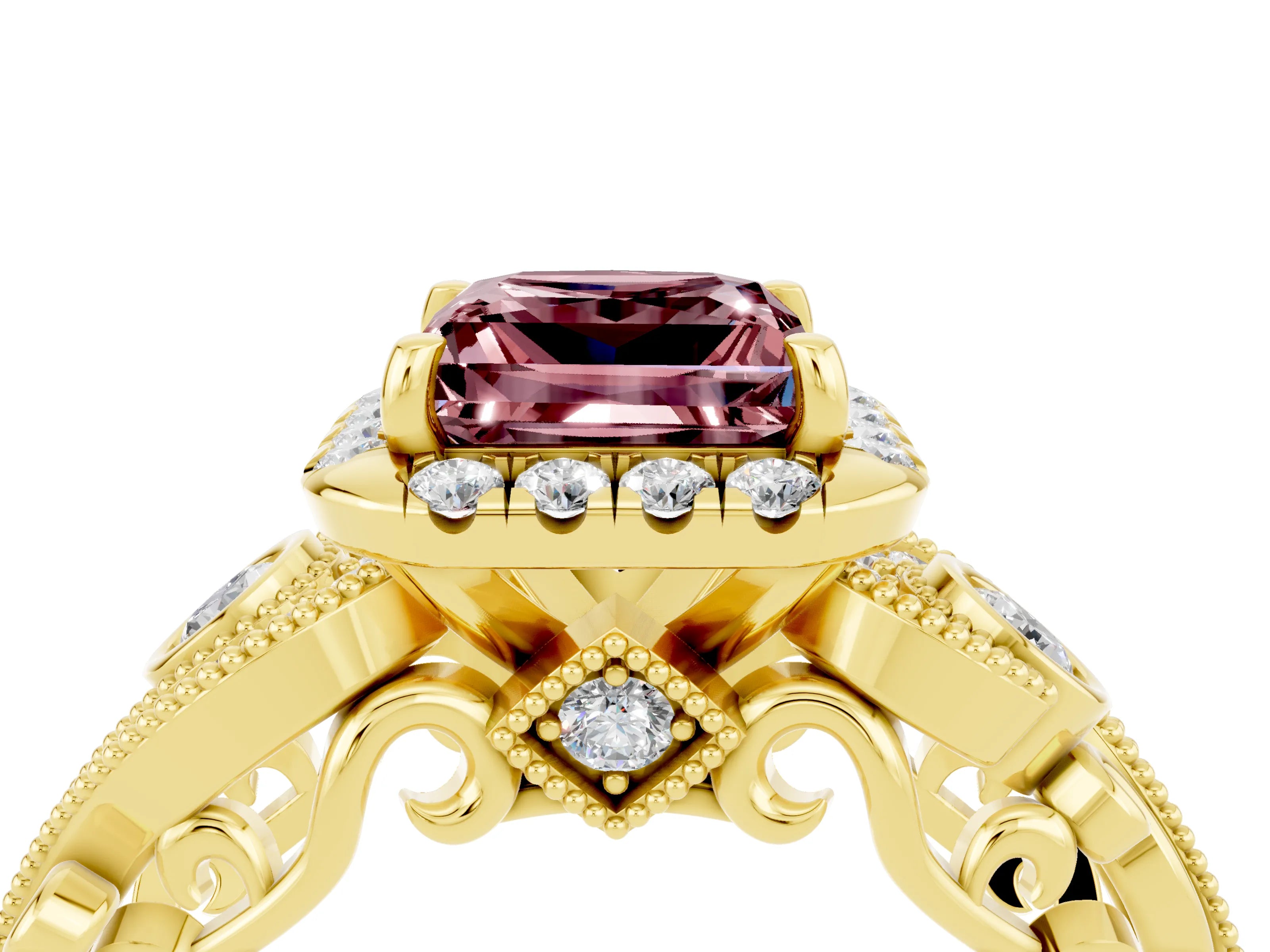 Yellow gold Princess Cut Morganite Halo Ring with Milgrain Pavé Band and Four-Prong Setting_16