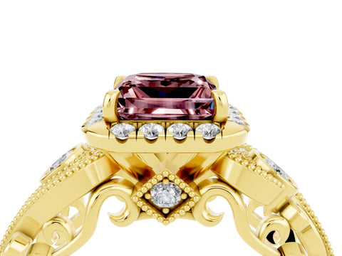 Yellow gold Princess Cut Morganite Halo Ring with Milgrain Pavé Band and Four-Prong Setting_16