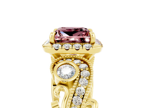 Yellow gold Princess Cut Morganite Halo Ring with Milgrain Pavé Band and Four-Prong Setting_17
