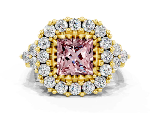 Yellow gold Princess Cut Morganite Halo Ring with Pavé Band and Four-Prong Setting_12