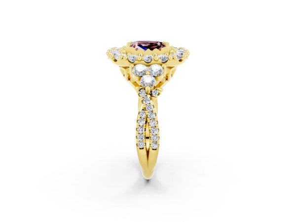 Yellow gold Princess Cut Morganite Halo Ring with Pavé Band and Four-Prong Setting