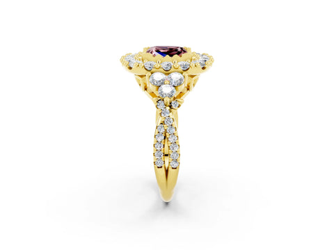 Yellow gold Princess Cut Morganite Halo Ring with Pavé Band and Four-Prong Setting_14