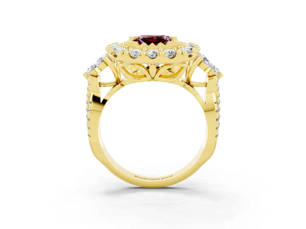 Yellow gold Princess Cut Morganite Halo Ring with Pavé Band and Four-Prong Setting