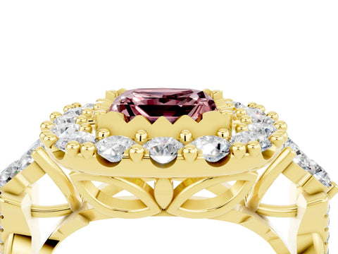 Yellow gold Princess Cut Morganite Halo Ring with Pavé Band and Four-Prong Setting_16