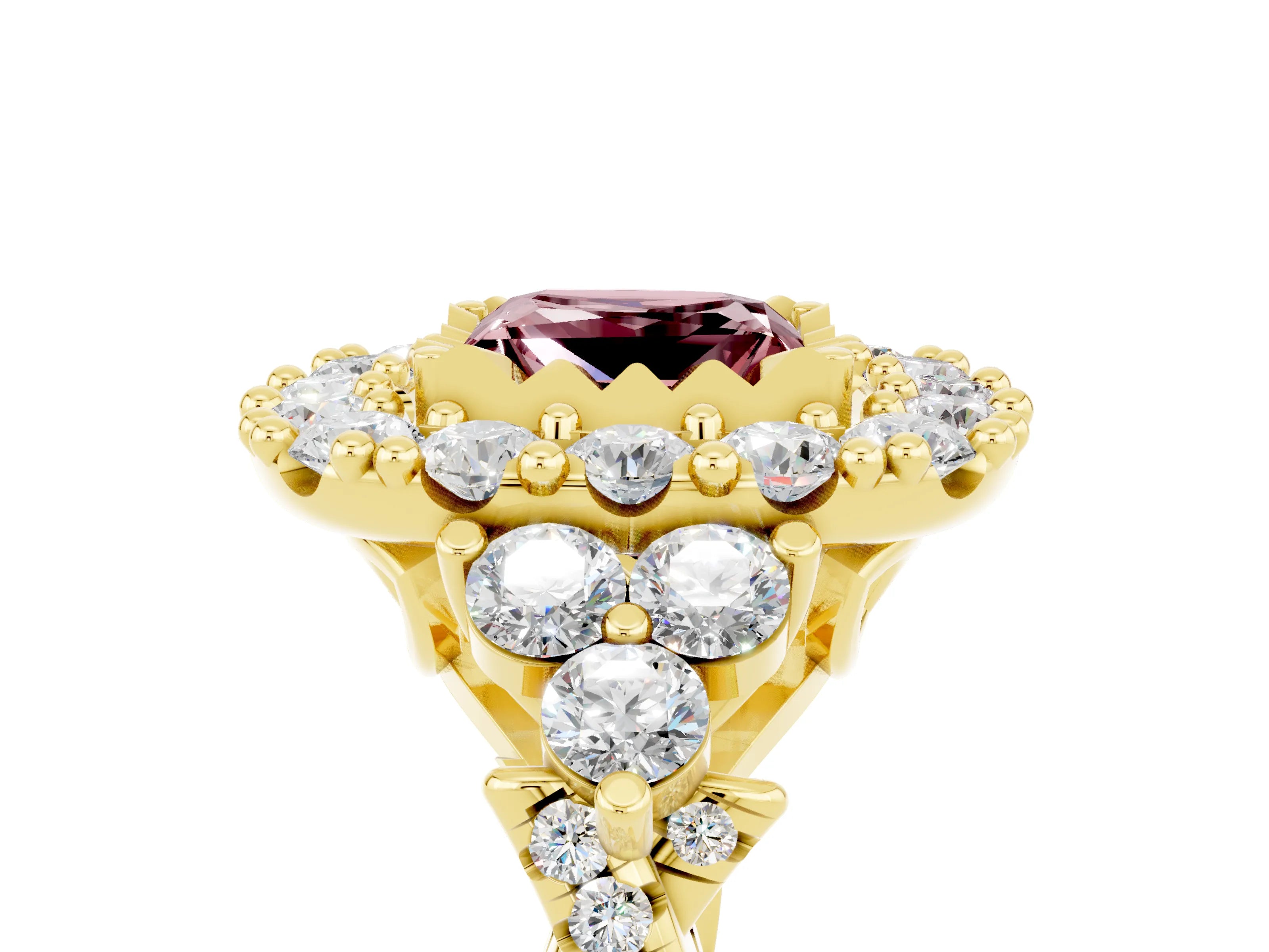 Yellow gold Princess Cut Morganite Halo Ring with Pavé Band and Four-Prong Setting_17