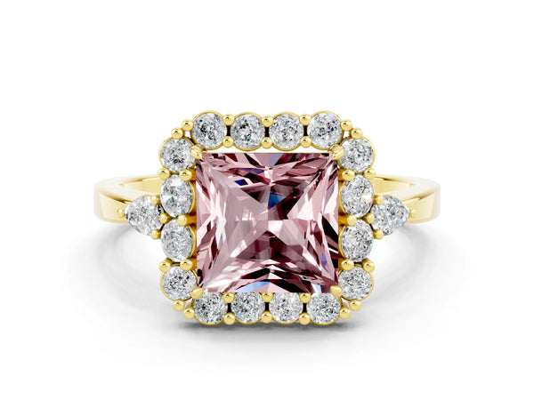 Yellow gold Princess Cut Morganite Halo Ring with Pear Side Stones and Prong Setting