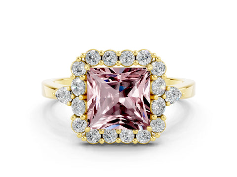 Yellow gold Princess Cut Morganite Halo Ring with Pear Side Stones and Prong Setting_12