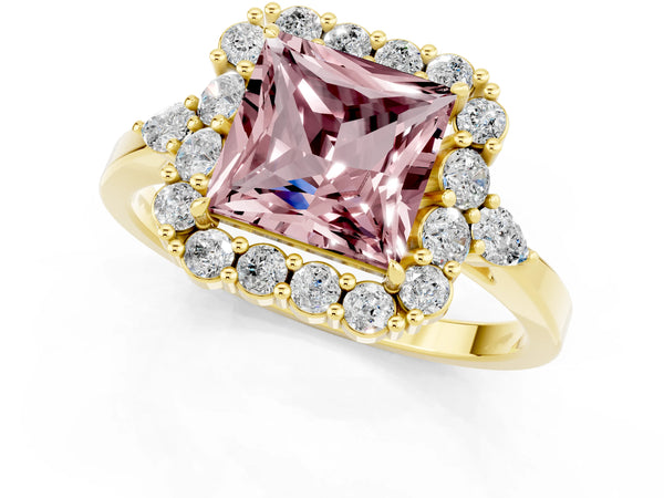 Yellow gold Princess Cut Morganite Halo Ring with Pear Side Stones and Prong Setting