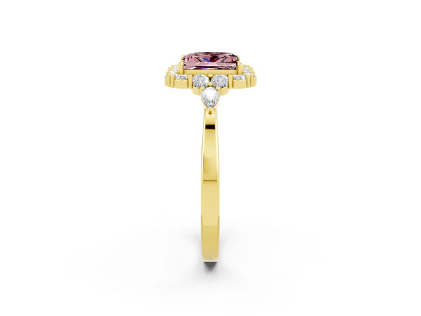Yellow gold Princess Cut Morganite Halo Ring with Pear Side Stones and Prong Setting