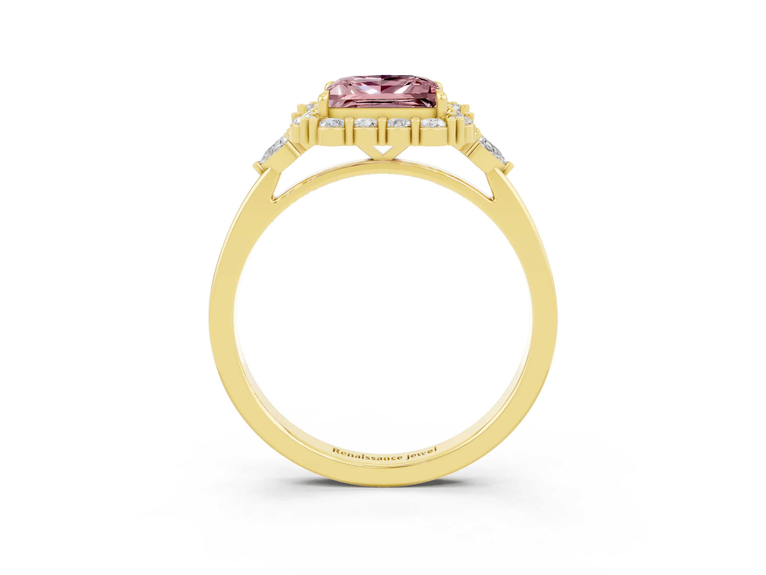 Yellow gold Princess Cut Morganite Halo Ring with Pear Side Stones and Prong Setting_15