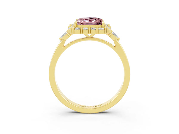 Yellow gold Princess Cut Morganite Halo Ring with Pear Side Stones and Prong Setting