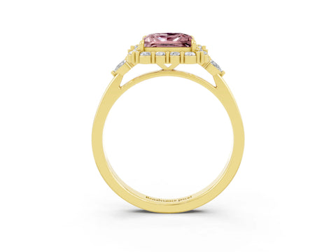 Yellow gold Princess Cut Morganite Halo Ring with Pear Side Stones and Prong Setting_15
