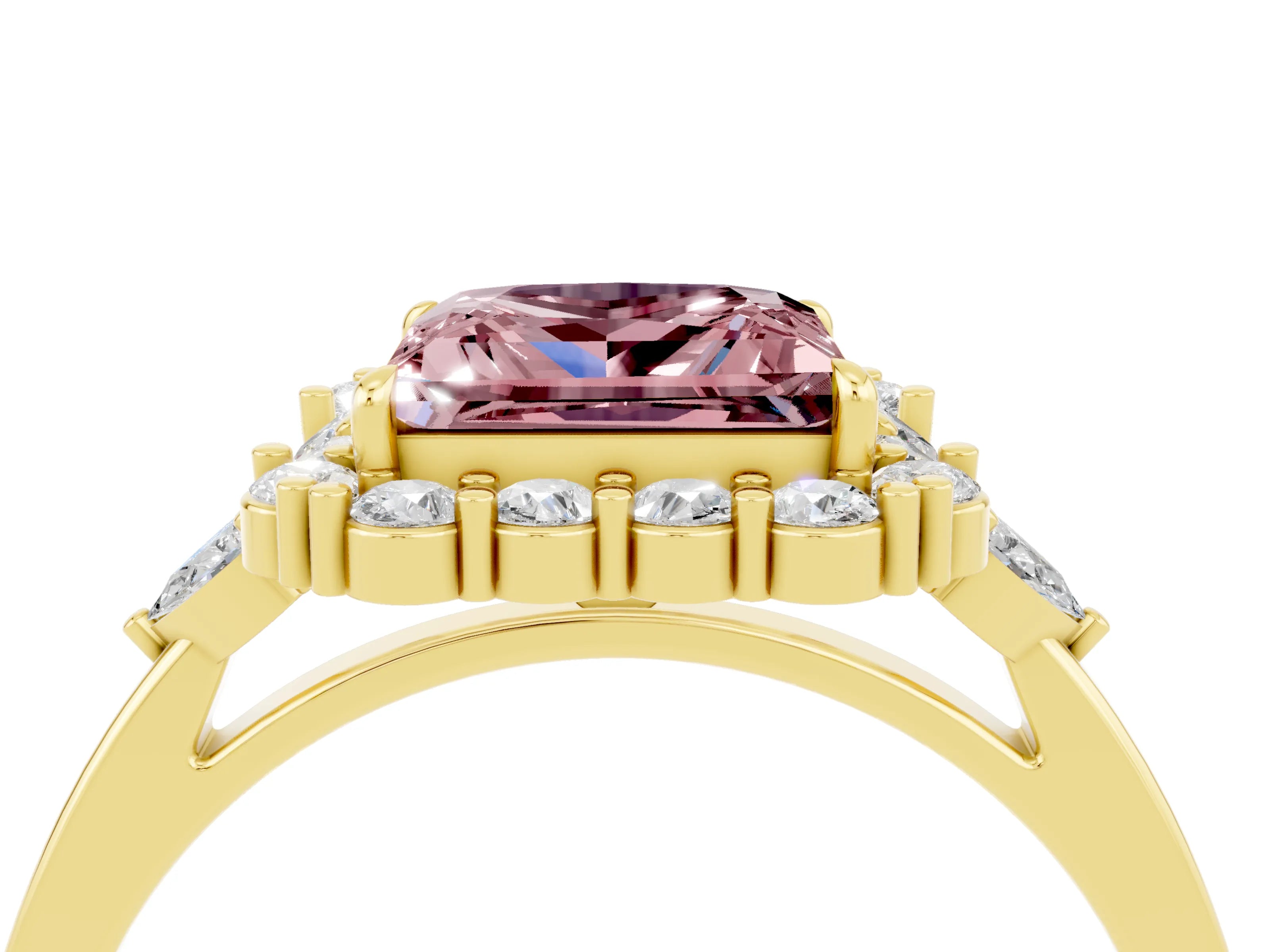 Yellow gold Princess Cut Morganite Halo Ring with Pear Side Stones and Prong Setting_16